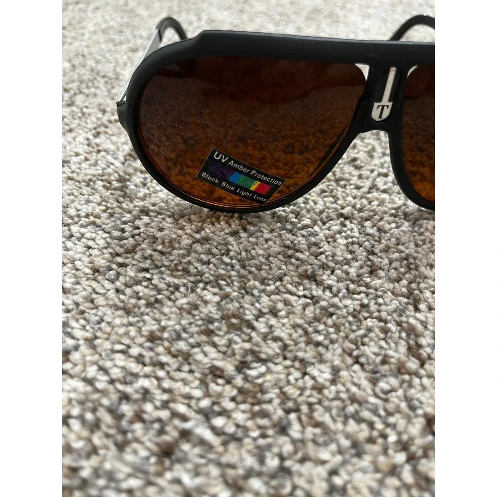 Turbo Vintage Aviator Sunglasses Matte Black Amber Lens UV Blue Light Block NEW